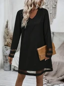 Kadın Uzun Kollu V Yakalı şeritli Tül Detaylı Ithal Krep Elbise thumbnail 2