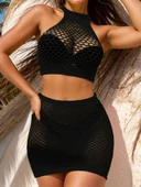 Kadın Balıkçı Yaka Delikli Krop Bluz Ve Etek Triko Ikili Takım thumbnail 1