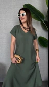 Kadın Kısa Kollu V Yaka Salaş Maxi Boy Elbise thumbnail 3