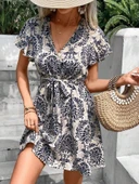 Kadın Kısa Kollu V Yakalı Beli Kuşaklı Desenli Sofya Elbise thumbnail 1