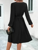 Kadın Uzun Kollu V Yakalı Belden Kuşaklı Kiloş Krep Elbise thumbnail 3