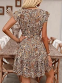 Kadın Kısa Fırfır Kollu V Yakalı Belden Kuşaklı Desenli Süprem Elbise thumbnail 4