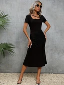 Kadın Kısa Kollu Kare Yakalı Ip Detaylı Janjan Krep Elbise thumbnail 2