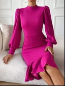 Kadın Uzun Kollu Yarı Balıkçı Yaka Etek Ucu Fırfır Detaylı Midi Ithal Krep Elbise thumbnail 4