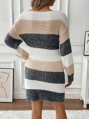 Kadın Uzun Kollu Yuvarlak Yaka çizgili çok Renkli Triko Elbise thumbnail 2