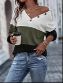 Kadın Uzun Kollu V Yakalı Düğmeli çok Renkli Waffle Bluz thumbnail 2