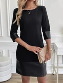 Kadın Uzun Kollu Bisiklet Yaka Deri Detaylı Ithal Krep Elbise thumbnail 5