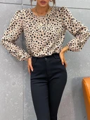 Kadın Uzun Kollu Bisiklet Yaka Desenli Bluz thumbnail 4