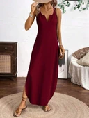 Kadın Askılı Yuvarlak Yaka Asimetrik Detaylı Viskon Elbise thumbnail 5