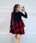 Kadın Uzun Kollu Bisiklet Yaka üst Viskon Alt Ekose Kısa Elbise thumbnail 1