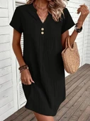 Kadın Kısa Kollu V Yakalı Düğmeli Müslim Kısa Elbise thumbnail 1
