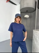 Osy Modal Yumuşak Dokulu Kumaş Kısa Kollu Bluz Rahat Pantalon Ikili Takım- Lacivert - 4