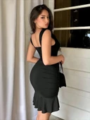 Kadın Askılı Derin V Dekolteli Fırfırlı Janjan Krep Elbise thumbnail 2