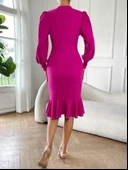 Kadın Uzun Kollu Yarı Balıkçı Yaka Etek Ucu Fırfır Detaylı Midi Ithal Krep Elbise thumbnail 3