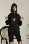 Unisex Kapüşonlu Üç İplik Oversize Baskılı Sweatshirt - Siyah thumbnail 1