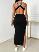 Kadın Yuvarlak Yaka Sırttan çapraz şerit Love Detaylı Yırtmaçlı Viskon Elbise thumbnail 7