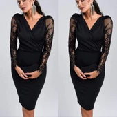 Kadın Uzun Kollu Kruvaze Yaka Kollar Tül Detay Krep Mini Boy Elbise thumbnail 3