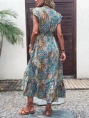 Kadın Kısa Kollu Kruvaze Yakalı Desenli Maxi Elbise thumbnail 6