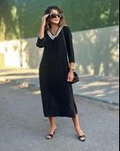 Kadın Uzun Kollu V şerit Yakalı Viskon Iki Iplik Elbise thumbnail 3