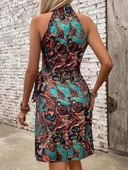 Kadın Omuzlardan Açık Yarı Balıkçı Yaka Yandan çapraz Bağlama Detaylı Süprem Kısa Elbise thumbnail 2