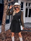 Kadın Uzun Kollu Yakadan Bağcıklı Belden Kuşaklı Ithal Krep Elbise thumbnail 1