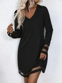 Kadın Uzun Kollu V Yakalı şeritli Tül Detaylı Ithal Krep Elbise thumbnail 1