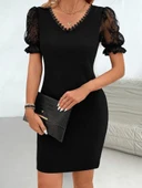 Kadın Kısa Kollu V Yakalı Dantel Detaylı Kısa Ithal Krep Elbise thumbnail 3