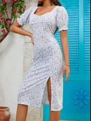 Kadın Kısa Kolluyakası Büzgü Detay Kolu Lastikli çiçek Baskı Elbise thumbnail 3