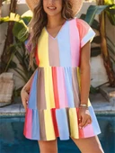 Kadın Kısa Kollu V Yakalı şerit Desenli Süprem Elbise thumbnail 1