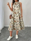 Kadın Sıfır Kollu Yuvarlak Yaka Desenli Ithal Keten Midi Elbise thumbnail 1