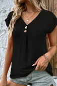 Kadın Kısa Kollu V Yakalı Düğmeli Keten Bluz thumbnail 1