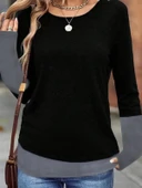 Kadın Uzun Kollu Açık Yuvarlak Yaka Blok Renkli Viskon Bluz thumbnail 2