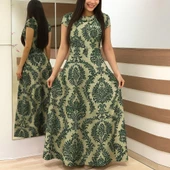 Kadın Kısa Kollu Bisiklet Yaka Puantiyeli Maksi örme Krep Elbise thumbnail 3