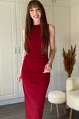 Kadın Sıfır Kol Sıfır Yaka Drape Detaylı Midi Janjan Krep Elbise thumbnail 4