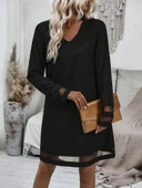 Kadın Uzun Kollu V Yakalı şeritli Tül Detaylı Ithal Krep Elbise thumbnail 6