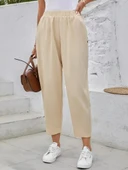 Kadın Yüksek Bel Yandan Cepli Düğme Detaylı Geniş Kesim Ithal Krep Pantolon thumbnail 3