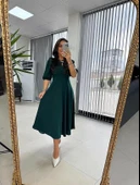 Kadın Kısa Kollu Bisiklet Yaka Fiyonk Broşlu Midi Janjan Krep Elbise thumbnail 9