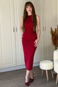 Kadın Sıfır Kol Sıfır Yaka Drape Detaylı Midi Janjan Krep Elbise thumbnail 1