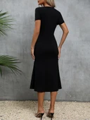 Kadın Kısa Kollu Kare Yakalı Ip Detaylı Janjan Krep Elbise thumbnail 4