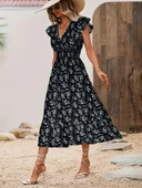 Kadın Kısa Kollu Kruvaze Yakalı Beli Lastikli çiçek Desenli Elbise thumbnail 2