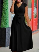 Kadın Kısa Kollu V Yakalı Belden Kuşaklı Maksi Boy Viskon Elbise thumbnail 2