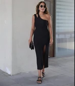 Kadın Sıfır Kol Tek Omuz Damla Detay JanJan Krep Elbise thumbnail 1