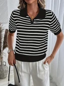 Kadın Kısa Kol Polo Yaka çizgi Desen Triko Bluz thumbnail 3