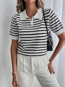 Kadın Kısa Kol Polo Yaka çizgi Desen Triko Bluz thumbnail 5