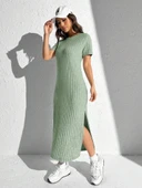 Kadın Kısa Kollu Bisiklet Yaka Yırtmaç Detay Fitilli Kaşkorse Tam Boy Elbise thumbnail 5