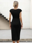 Kadın Yarım Ay Kollu Bisiklet Yaka Yandan Drapeli Ithal Krep Elbise thumbnail 4