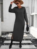 Kadın Uzun Kollu Bisiklet Yaka Yırtmaç Detay Triko Midi Boy Elbise thumbnail 3