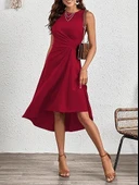 Kadın Sıfır Kollu Bisiklet Yaka Büzgülü Asimetrik Kesim Detaylı Janjan Krep Elbise thumbnail 5