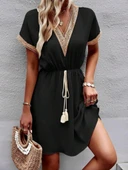 Kadın Kısa Kollu V Yakalı Belinde Bağcıklı Viskon Elbise thumbnail 1