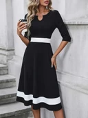 Kadın Truvakarkol Yakası Açık Blok Renkli Krep Midi Elbise thumbnail 3